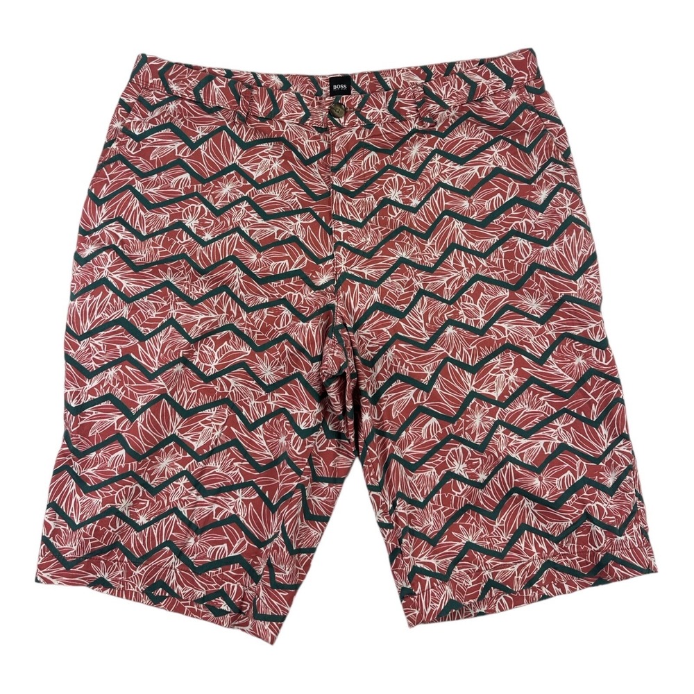 Hugo Boss Rigan-Short Mens Red Green Patterned Chino Shorts Size 36R 50388551